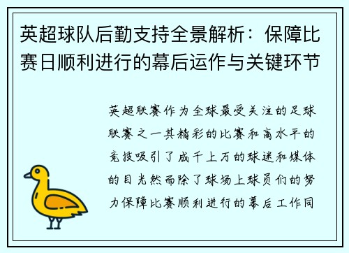 英超球队后勤支持全景解析：保障比赛日顺利进行的幕后运作与关键环节